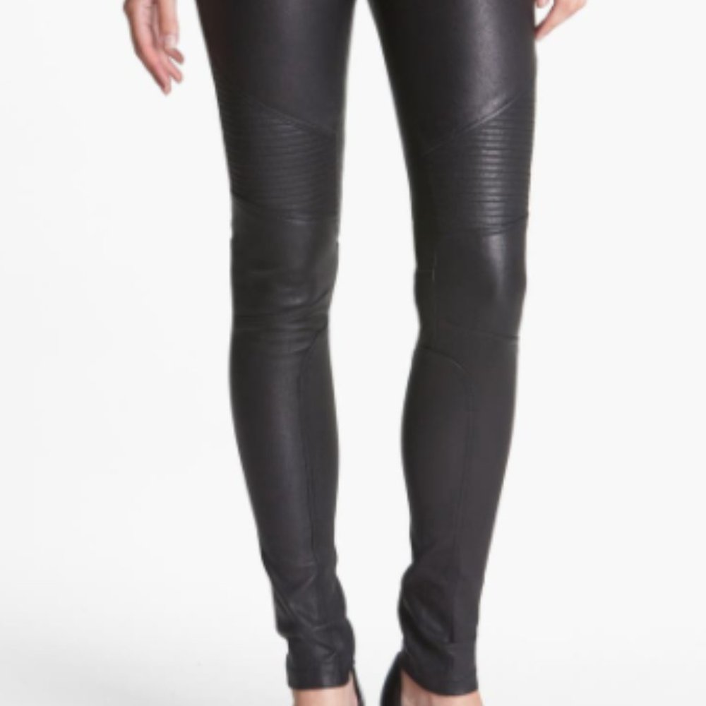 Vince black leather moto style skinny black jean